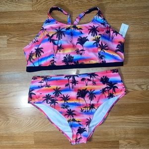 Attractive Plus Size 2 Piece Swimsuit Sports Bra Tank Top-Light Pink Palm Tree